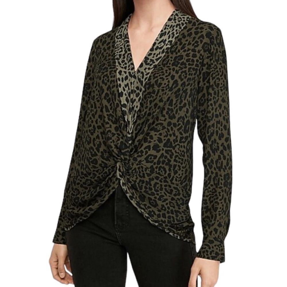 Express Olive Animal Print Twist Blouse V-Neck Long Sleeve XL Sheer Fabric